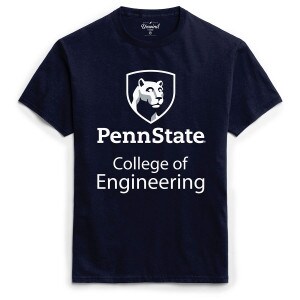short sleeve navy t-shirt with Penn State College of Engineering below Lion Shield graphic